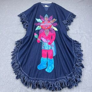 Alfredos Wife Poncho Women's OS Blue Denim Patchwork Western‎ Fringe Dress USA